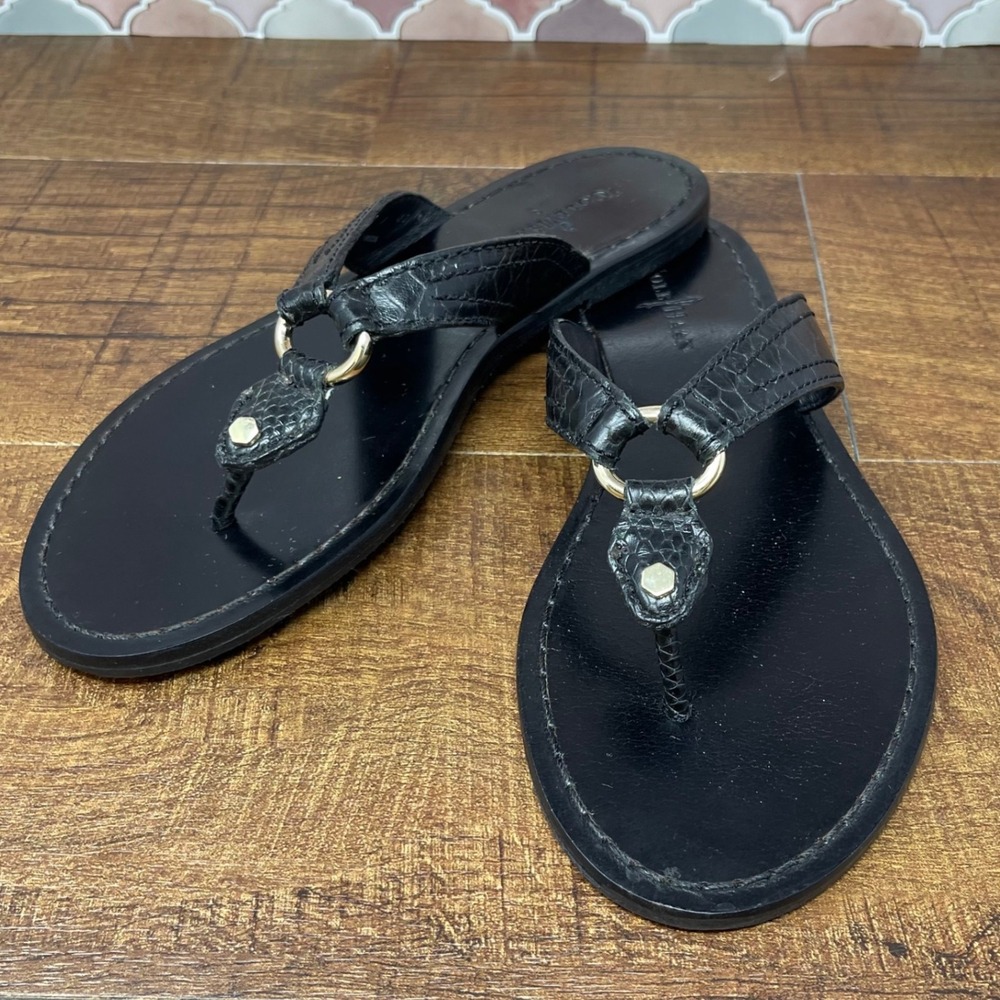 Cole Haan -‎ Croc Embossed Leather Thong Flip-Flop Sandals - Black/Gold - Size 6